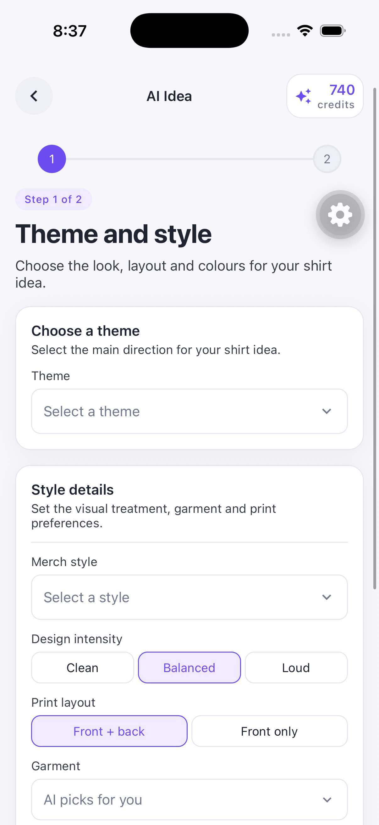 AI Idea theme and style controls, with design intensity, print layout and garment choices