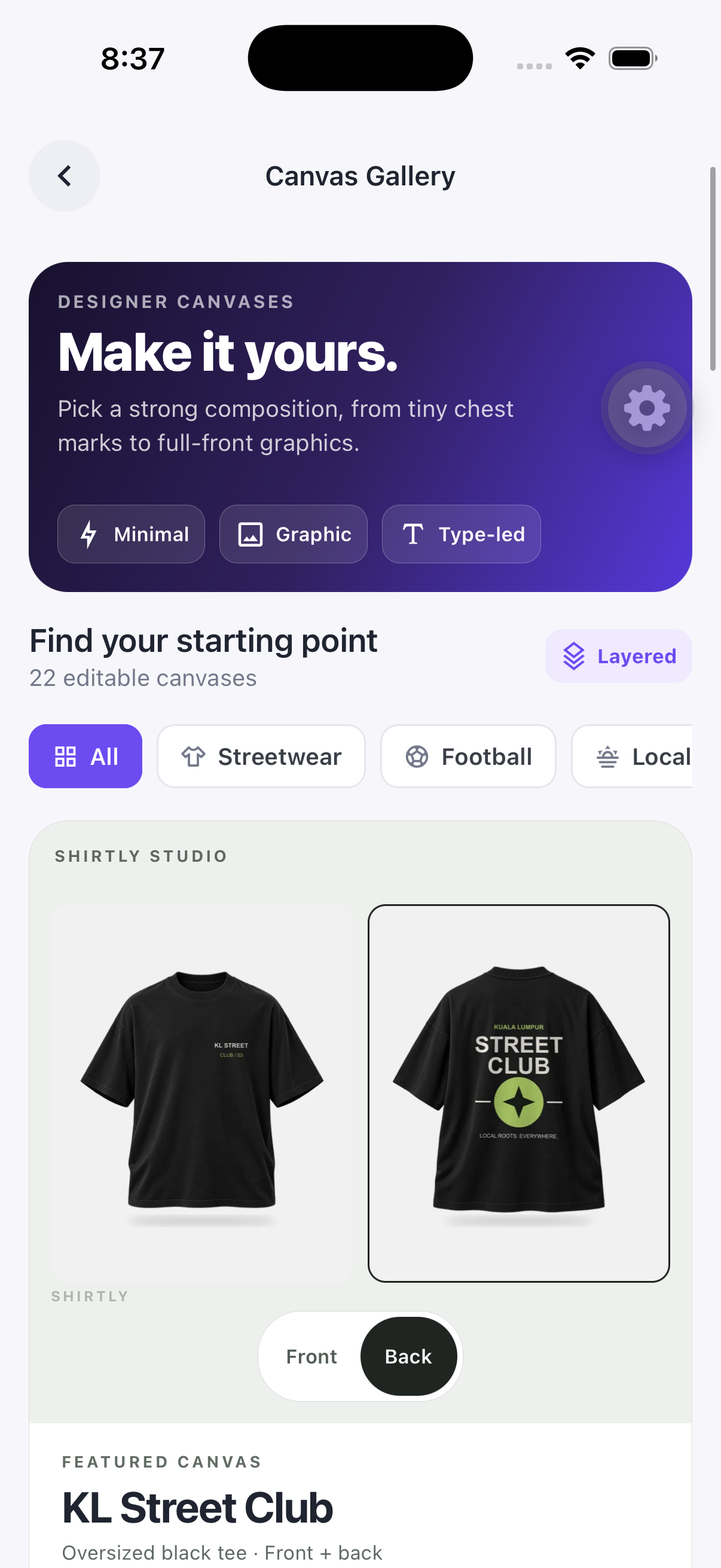 Canvas Gallery featuring the editable KL Street Club front and back T-shirt template
