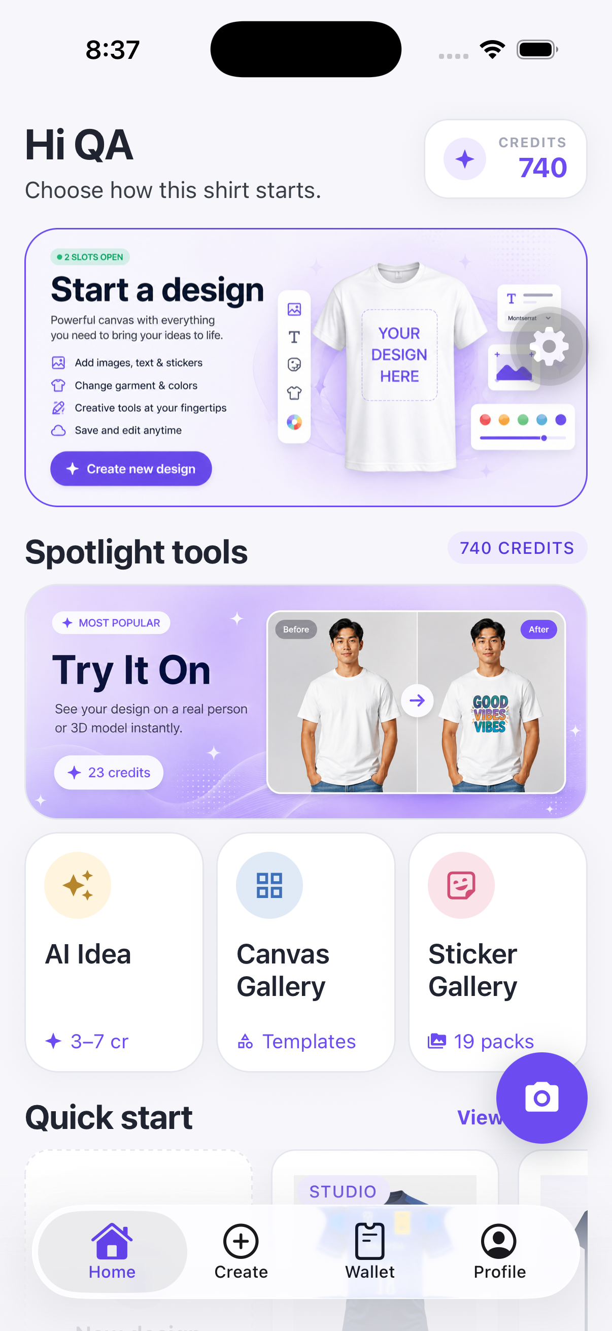 Shirtly home with AI Idea, Canvas Gallery and Try It On
