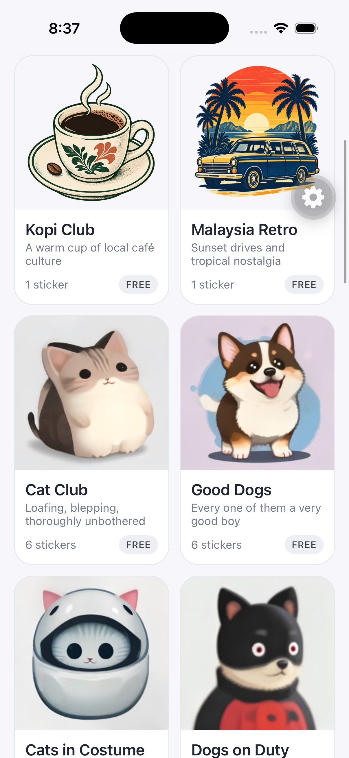 Sticker Gallery with Kopi Club, Malaysia Retro, Cat Club and Good Dogs packs
